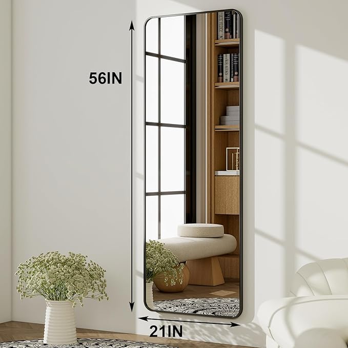 HARRITPURE 56"x21" Full Length Mirror, Black Rounded Corner Aluminum Frame Floor Standing Mirror Hanging/Leaning Wall for Living Room Bedroom Cloakroom