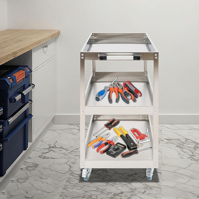 3 Tier Stainless Steel Utility Cart with Wheels and Handle, Commercial Heavy Duty Metal Food Cart Service Cart for Kitchen, Restaurant, Laboratory, 31.5 * 18.9 * 35.4in