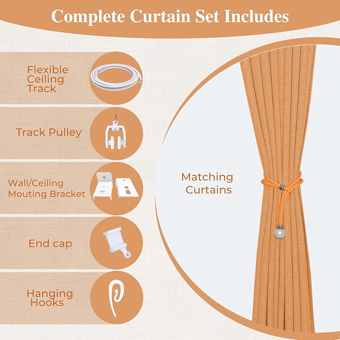 Faux Linen Semi Sheer Room Divider Curtain with Flexible Curtain Track, Light Filtering Privacy Drapes for Window Sliding Glass Door, Living Room Bedroom, Sunset Orange, 72" W x 96" L,1 Panel