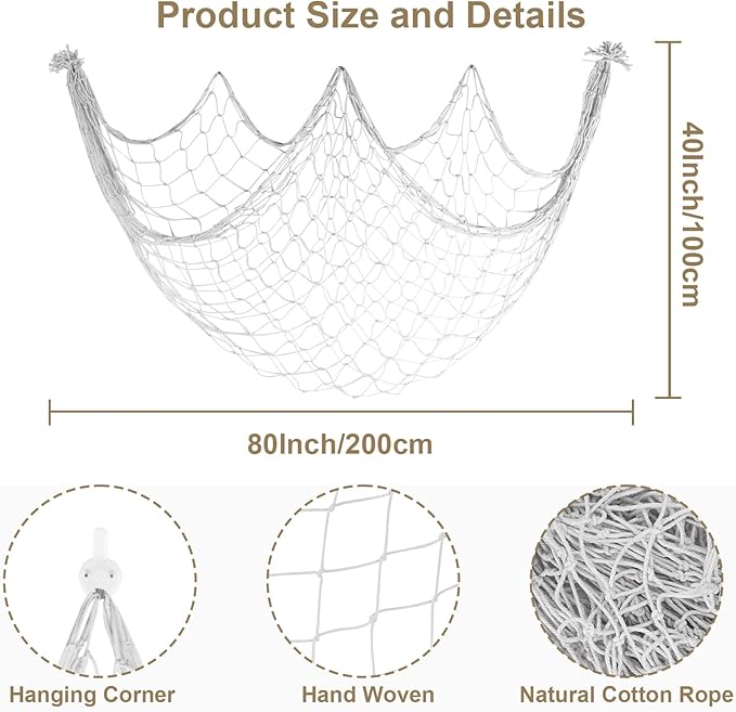 2 Pack Decoractive Fishing Net 80x40 Inch, 3mm Off White Natural Cotton Large Picture Wall Hanging Fish Net, Halloween Party Decorations Fishnet for Tropical Nautical Pirate Beach Mermaid Themed Party