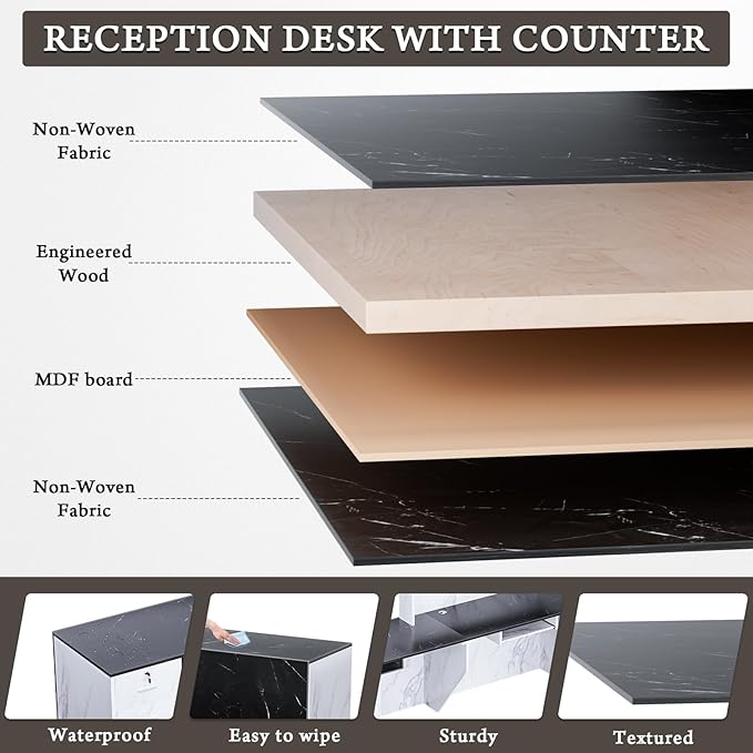 R-Shaped Modern Reception Desk with Counter & Storage - 71"/84" Large Office Front Desk, Salon Checkout Counter with Lockable Cabinets, Shelves & Drawers (Black & White, Right - 71''L x 34''W x 41''H)