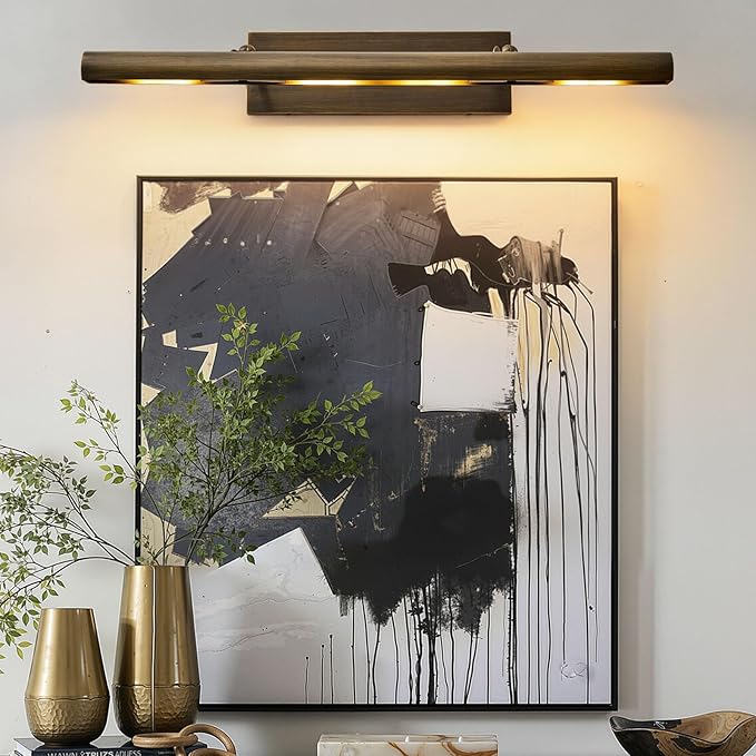 Hardwired Aged Brass Picture Light: 30" Long Rotatable Vintage Antique Gallery Artwork Display Lighting over Pictures Frame - Traditional Museum Accent Spotlight for Library Wall Photo Art Painting