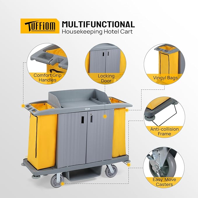 266LBS Premium Hotel & Housekeeping Cart with Door on Wheels, Multifunctional Commercial Cleaning Cart with Large Capacity Vingyl Bags, Comfor Grip Handles and Easy Move Casters, Gray