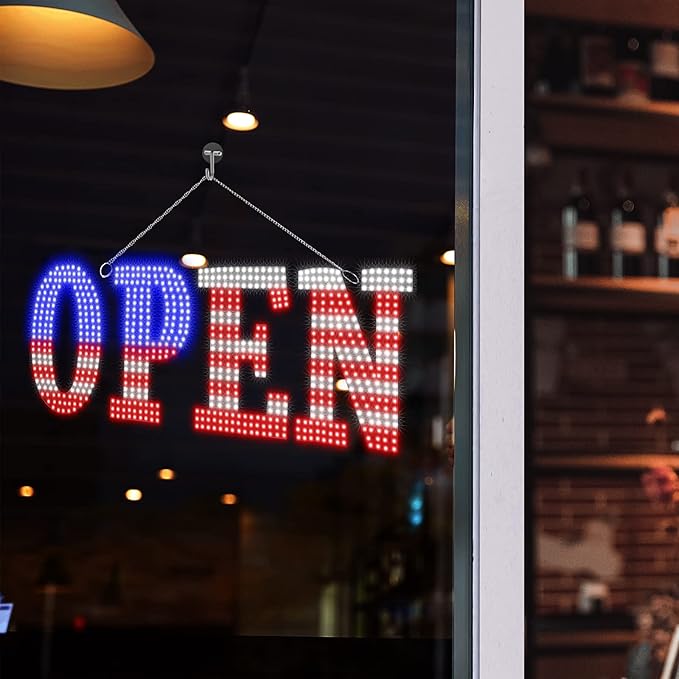 USA Flag 40"x14" Extra Large LED Open Signs for Business with Remote Controlled, 10 Levels Brightness Adjustable Unique Design Super Bright with Chain, High Visibility for Store Bar Hotel Retail Shop
