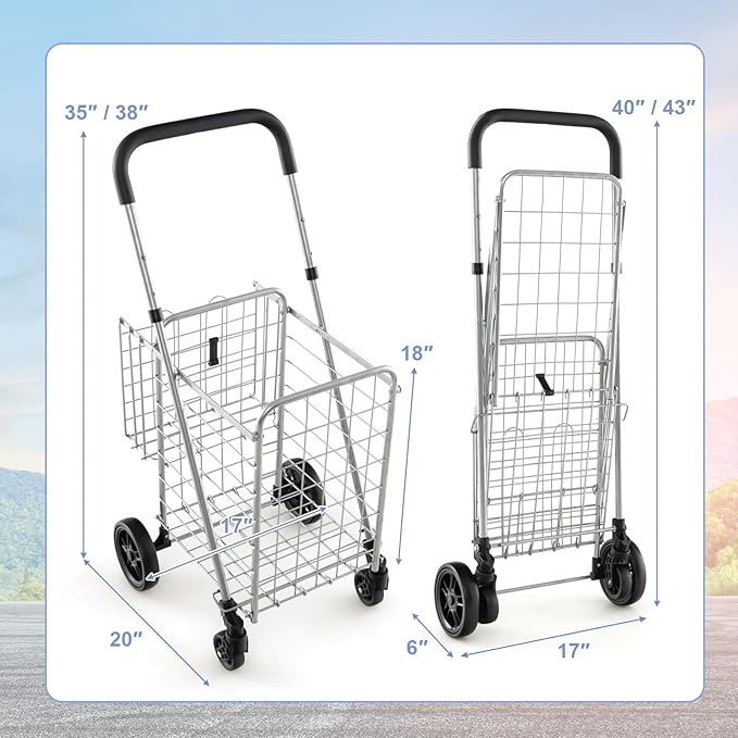 Goplus Folding Shopping Utility Cart, Double Basket and 360° Swivel Wheels, Adjustable Handle, Small Cart Perfect for Grocery Laundry Book Luggage Travel