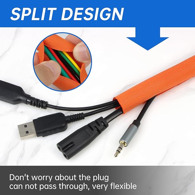 Split Braided Cable Sleeve，Flexible Wire Loom Tubing, Automotive Cord Protector Pet Proof, Cable Management for Computer TV Electric Wires Harness 16ft (Orange, 19mm（3/4")