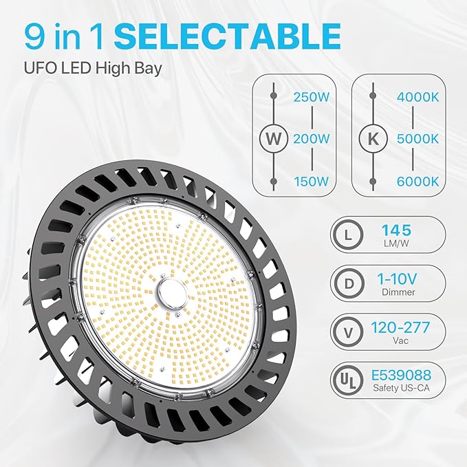HYPERLITE 4Pack LED UFO High Bay Lights 250W 36,250lm 1-10V Dimmable 5000K 5' Cable with 110V Plug Hanging Hook Safe Rope UL Listed for Shopping Mall Stadium Exhibition Hall