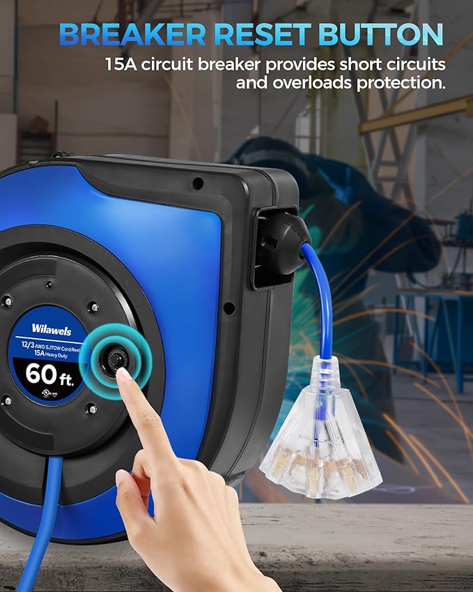 Retractable Cord Reel, 60 FT Heavy Duty Extension Cord, 12AWG/3C SJTOW, 3 Grounded Outlets Lighted Triple Tap, 15A Circuit Breaker, Wall/Ceiling Mounted, UL Listed, Blue U60CR06