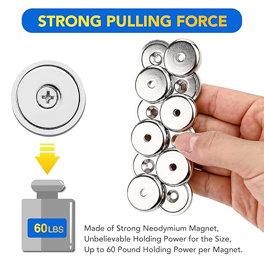 DIYMAG Neodymium Round Base Cup Magnet,60LBS Strong Rare Earth Magnetic with Heavy Duty Countersunk Hole and Stainless Screws for Refrigerator Magnets,Office,Craft,Etc-Dia 0.98 Inch-Pack of 12