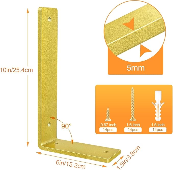 Gold Floating Shelf Bracket 10 Inch, 6 Pack Heavy Duty Shelf Brackets, Wall Shelf Bracket for DIY Decorative with Mounting Hardware