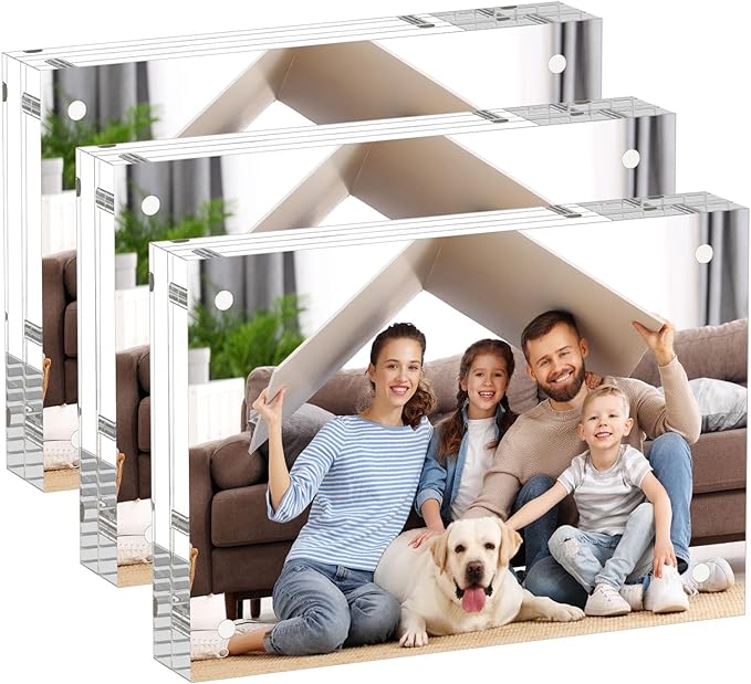 AITEE 3.5x5 Acrylic Picture Frames 3 Pack, 20% Thicker Block, Clear Picture Frames Freestanding Double Sided Magnetic Acrylic Lucite Frameless Transparent Square Frame Gift for Desktop Display
