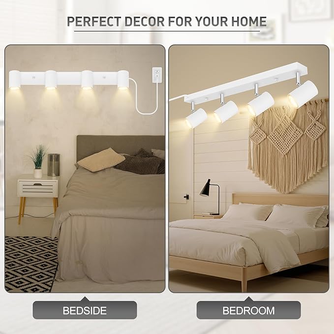BoostArea LED Track Lighting Ceiling Fixtures, White 4-Light Plug in Track Lights for Kitchen, 4 Way Ceiling Spotlight, 15 FT Cord,Flexibly Rotatable Wall Mount Light Head for Bedroom Hallway