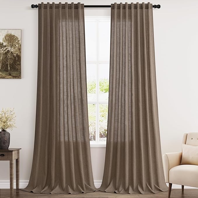 Extra Long Curtain 108 Inches Long 2 Panels Set Back Tab Light Brown Linen Drapes for Living Room Neutral Farmhouse Light Filtering Semi Sheer Linen Curtains 108 Inch Length for Large Window 9 FT