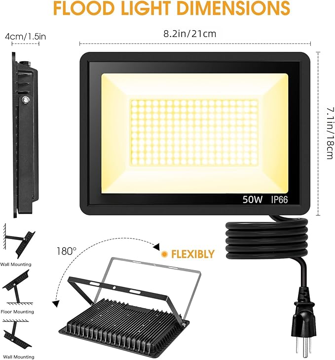 2 Pack 50W Warm White Led Flood Lights Outdoor,3000K Super Bright 7500LM Security Lights with Plug,Exterior IP66 Waterproof FloodLight for Basketball Court, Yard, Garden, Playground