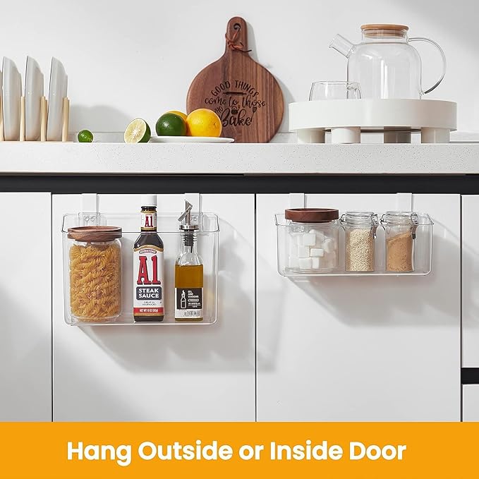 vacane 2 Pack Plastic Over Cabinet Door Organizer with Removable Hooks, Clear Hanging Baskets for Organizing Hanging Holder for Kitchen, Bathroom-Hang Outside or Inside Door-L