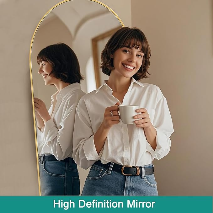 TinyTimes 71''x30'' Oversized Arched Full Length Mirror Large Full Body Floor Mirror with Stand for Hanging, Big Full Size Long Mirror with Aluminum Frame for Bedroom, Living Room (Gold)