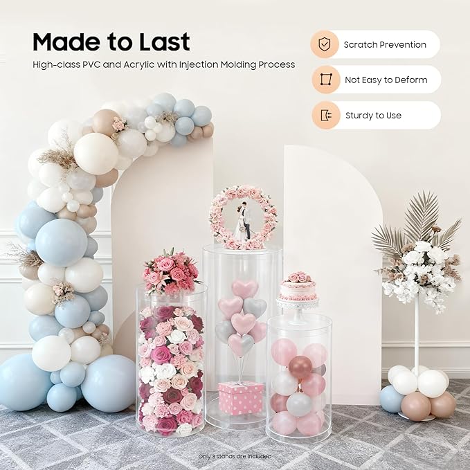 3 Pcs Wedding Cylinder Stands, Clear Acrylic Round Pedestal Stand, Floor Standing Clear Cylinder Stands for Wedding Birthday Party 23.6'', 29.5'', 35.4'' H