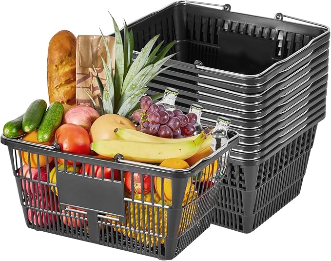 VEVOR Shopping Baskets, 12 PCS, 21L Stackable PE Plastic Grocery Baskets with Handles, Dense Mesh Structure, Holds up to 20 lbs, Portable for Grocery, Retail, Stores, Supermarket, Home Use, Black