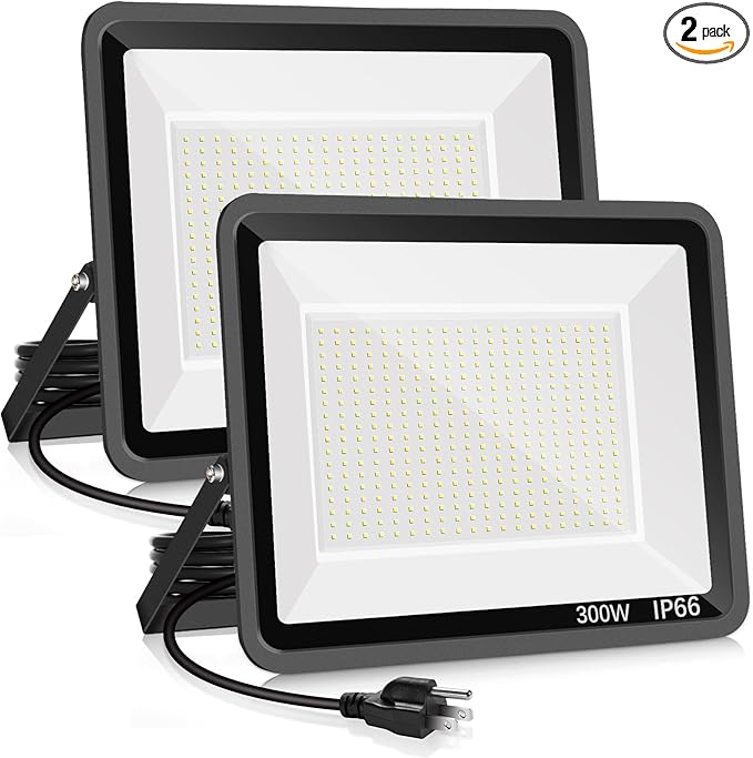 2 Pack 300W LED Flood Light Outdoor,2000W Equivalent 43500LM 5000K Daylight White Super Bright FloodLight with Plug,IP66 Waterproof Commercial Lighting for Sports Fields,Counts,Arena,Stadium