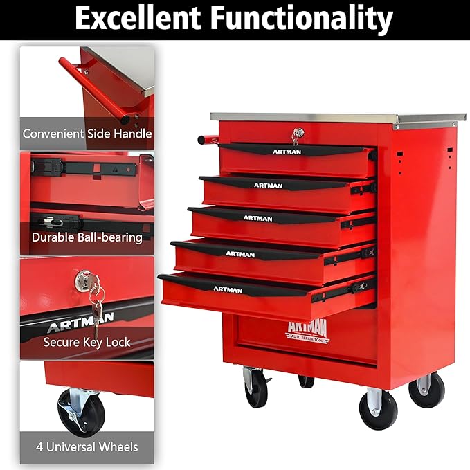 6 Drawer Rolling Tool Chest with Locker, 22.2" D Metal Movable Lockable Tool Cart Box Multi-Functional Hardware Storage Cabinet Box for Warehouse Basement Home Pantry Garage