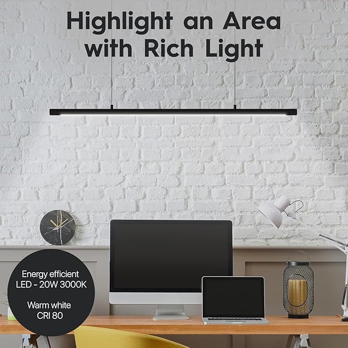 LED Linear Pendant Light, Office Light, Flicker-Free, Dimmable, Modern Ceiling Lighting for Bedroom Dining Room Table, 20W 4000K Warm Light 47.2" Black