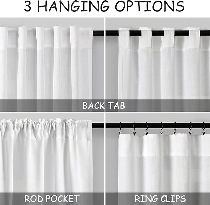 Nanspring White Semi Sheer Curtains 86 Inches Long 2 Panel Set Pocket Back Tab Linen Light Filtering Decorative Decor Curtain Drapes for Bedroom Living Room 52x86