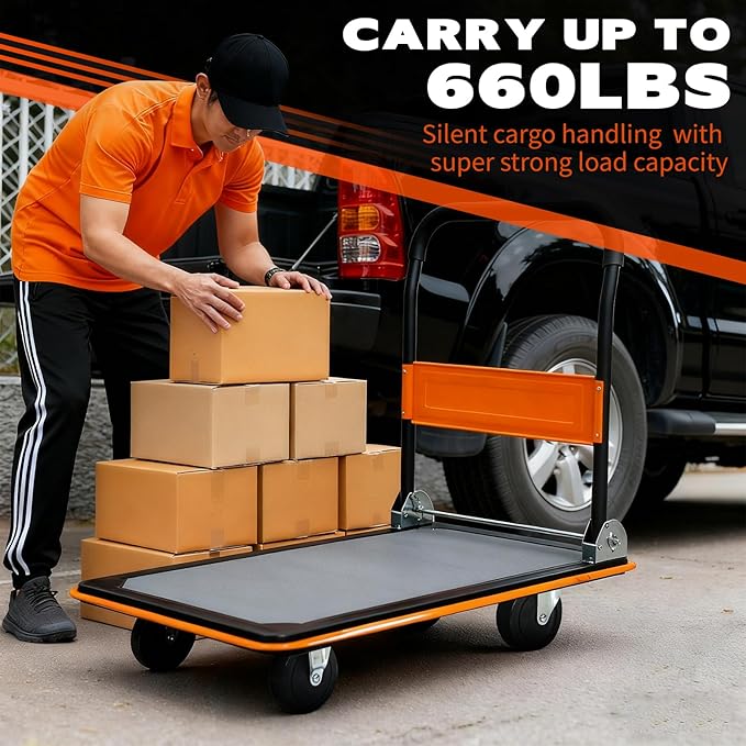 660lbs Large Size Heavy Duty Orange Flatbed Cart, Folding Steel Platform Hand Truck with 360° Silent Swivel Wheels, Utility Dolly for Storage & Moving