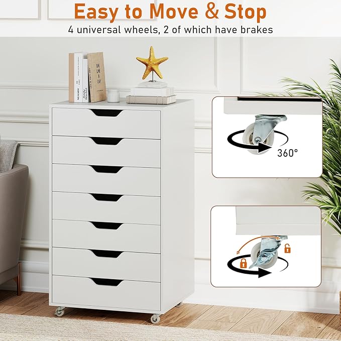 LOKO 7-Drawer Storage Cabinet, Versatile Drawer of Chest with Lockable Wheels, Mobile Office Lateral File Cabinet, for Home Office, Study (White, 16" D x 19.5" W x 34.5" H)