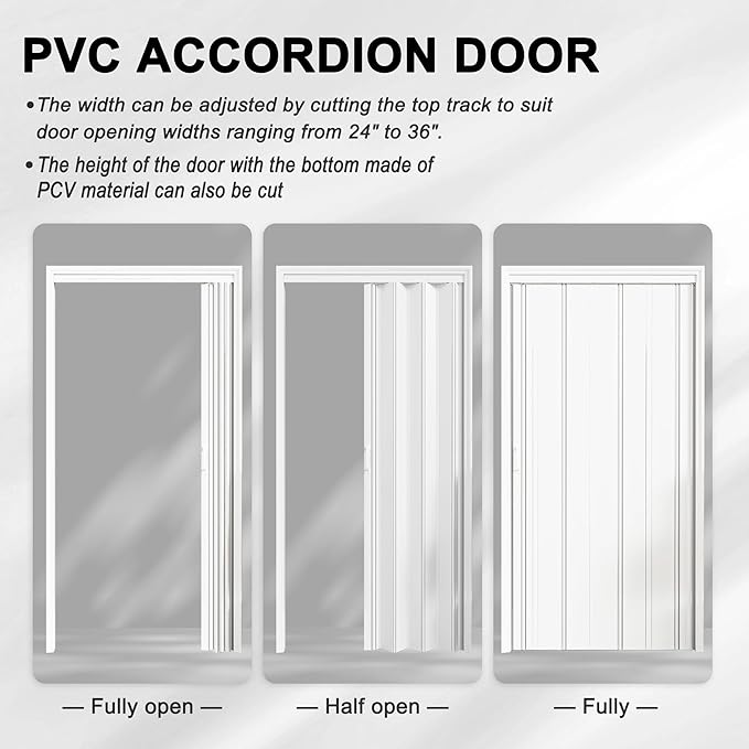 24-36 x 80in Accordion Doors Interior Folding Door, White PVC Accordion Door with Upgraded Roller & Complete Hardware & Handle, for Closet Bathroom Doorways