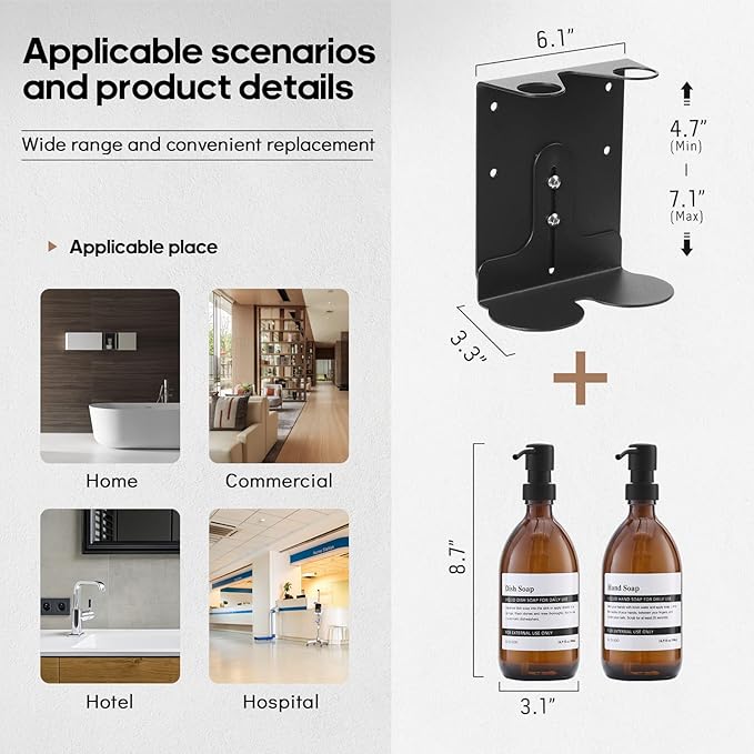 Glass No-Drill Wall Mounted Shower Soap Dispenser, Hand Soap Dispenser with Adjustable Stainless Steel Holder for Bathroom and Kitchen-(Black 1 Chamber, 18 OZ)