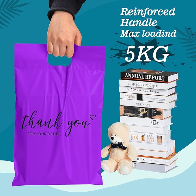 JinRuiKJ Poly Mailers with Handle 10x13 Inch 100 Pcs, Easy to Carry Packaging Bags for Small Business, Thank You Shipping Bags with Self Adhesive Strip, Tearproof and Waterproof - Purple