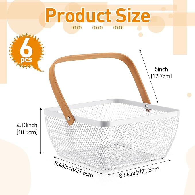 6 Pcs Metal Mesh Steel Basket with Handle Small Shopping Baskets Square Wire Harvest Storage for Kitchen Storage Garden Picnic Bathroom Organizing, 8.46 x 8.46 x 4.13 Inch(White)