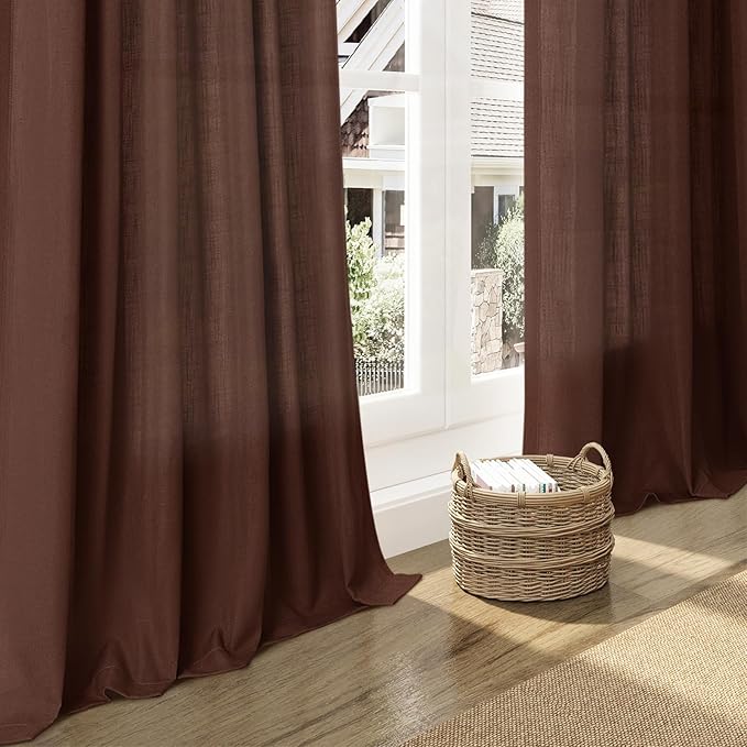 Linen Curtains Semi Sheer Rustic Brown 96 Inches Long 2 Panels Set for Living Room Back Tab Rod Pocket Light Filtering Drape for Bedroom Modern Farmhouse Coastal Decor Protect Privacy 52x96