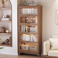 AQIMUELE 5 Tier Wood Bookcase Cabinet with Glass Doors 72 inch, Display Bookshelf,Kitchen Pantry Display Cabinet, Brown Finish Cube Storage Organizer Stand,Save Space for Home Office(No Light Strip)