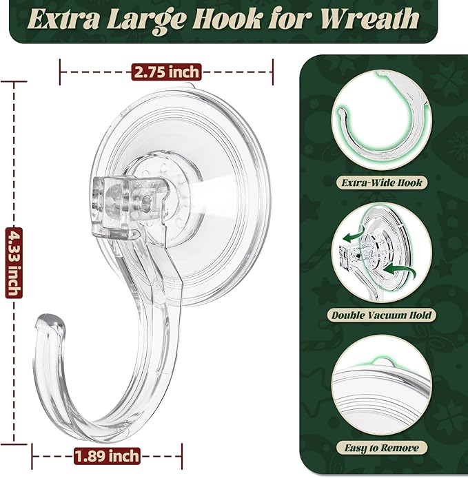Wreath Hangers for Front Door, 2 Pack Large Suction Cup Wreath Hooks, Clear Wreath Hanger for Glass Window, Shower, Kitchen, Christmas Wreaths, Holds up to 18 lbs
