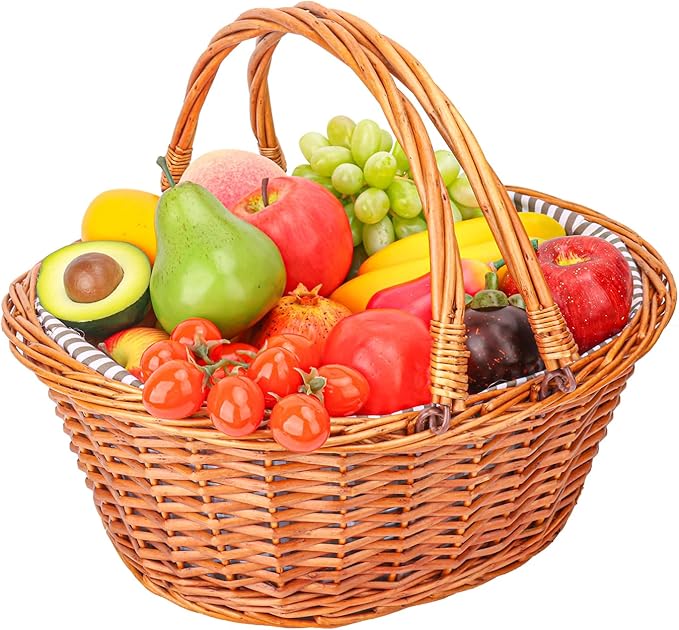 Large Wicker Picnic Basket with Double Folding Handles and Grey Lining, Wicker Basket, Large Willow Hamper, Handwoven Basket for Storage, Picnic, Camping