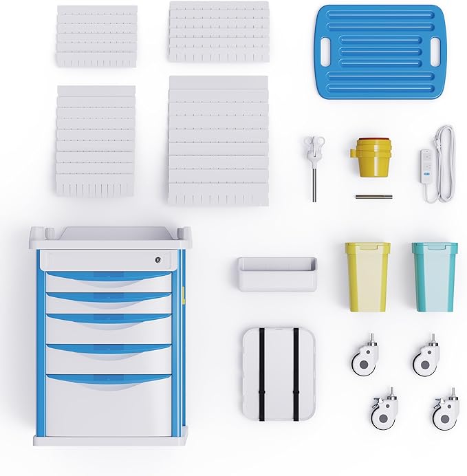 Adjustable Rolling Medical Storage Crash Cart - Includes Silent Casters, IV Pole, Needle Disposal Holder, Trash Bin & O2 Holder - Ideal Nursing Trolley for Clinics, Hospitals