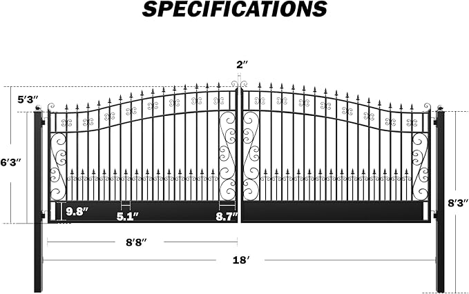 ZUMI Dual Swing Driveway Gates, 18x6 ft. Outdoor Steel Swing Gates for Driveway, Heavy-Duty Driveway Fence Gates for Home Security, Weatherproof Iron Security Gate Kit for Outdoor, Greerwich Style