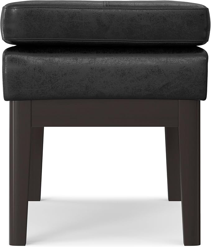 SIMPLIHOME Carlson Small Ottoman Bench - 27 inch Wide Upholstered Woven Fabric Rectangle Ottoman in Distressed Black, Mid Century Modern Bench for Bedroom or Living Room with Padded Seat