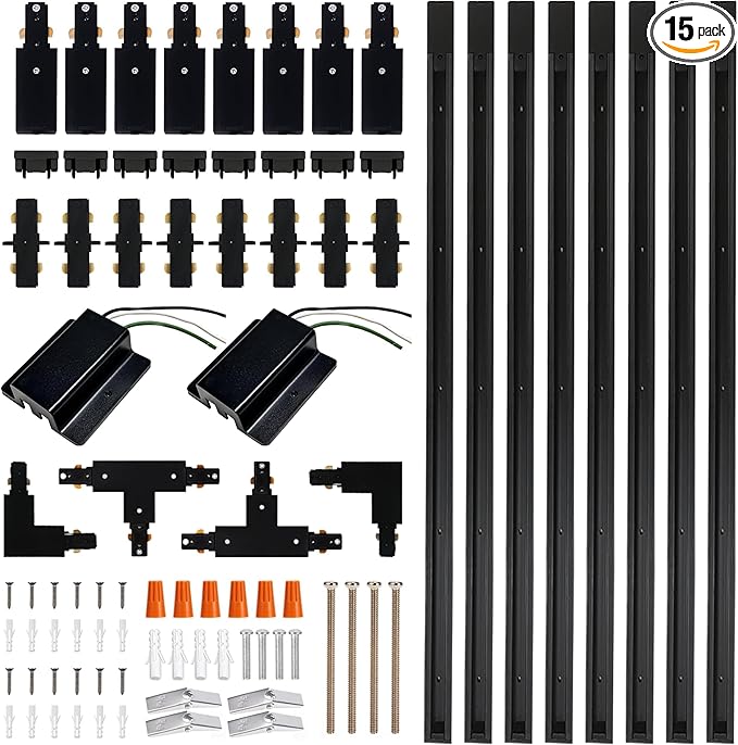 Black Full Accessories and Rails Kit for H Type Track Lighting Systems 26FT Track Rails, Floating Canopy Connector, Live End, I, T and L Connectors.Great Value Set for LED Track Lighting