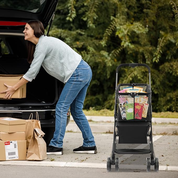 Heavy Duty Folding Shopping Cart with 44.09 lbs Capacity, 2-Tier Foldable Grocery Cart with Removable 56L+33L Bag,Portable Utility Carts for Market, Laundry, Picnic,Outdoor