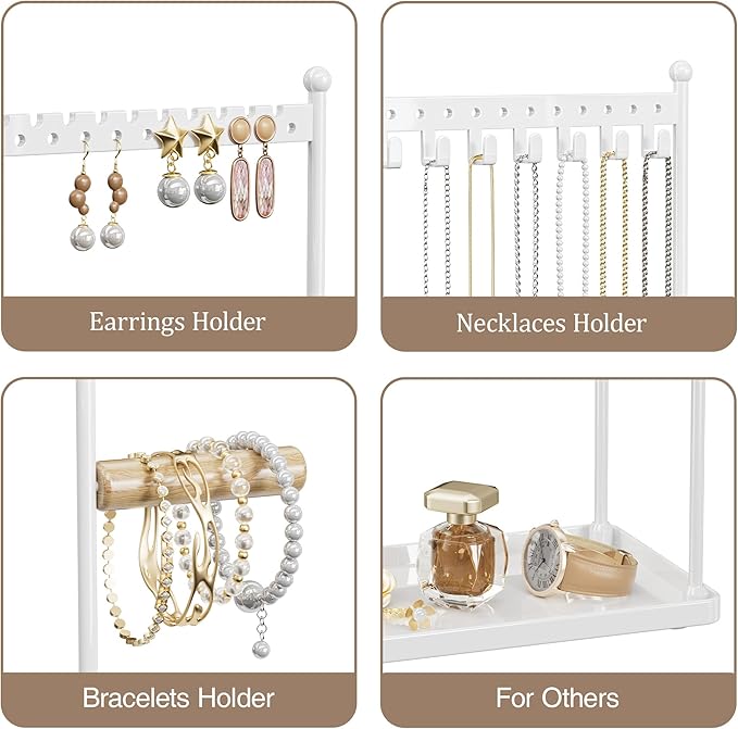 Jewelry Tower Necklace Holder Organizer – 3-Tier Jewelry Display Rack with Storage Tray – Holds 22 Pairs of Earrings, Bracelets, Rings, Necklaces – Gift for Girls & Women, White