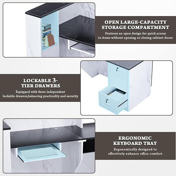 L-Shaped Modern Reception Desk with Counter & Storage - 71"/84" Large Office Front Desk, Salon Checkout Counter with Lockable Cabinets, Shelves & Drawers (Black & White, Left - 71''L x 34''W x 41''H)