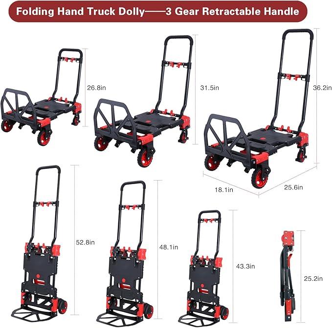 2 in 1 Folding Hand Truck Dolly with Basket,330LBS Capacity Hand Cart Foldable,Hand Truck Foldable with Retractable Handle,Folding Dolly Cart with Wheels for Moving