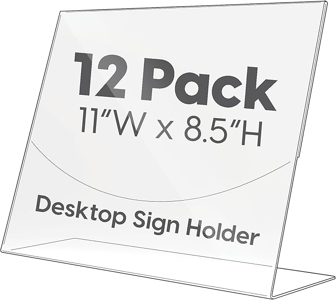 Mammoth DuraClear Acrylic Sign Holders 8.5 x 11 - Extra Thick and Durable Desktop Paper Sign Holders - Perfect for Retail and Booth Display Supplies - 12 Pack, Landscape