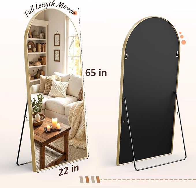 EOGOW 65" x 22" Arched Full Body Mirror,Standing or Leaning Tempered Glass Shatterproof Full Length Mirror with Stand for Bedroom Living Room Entryway,Gold