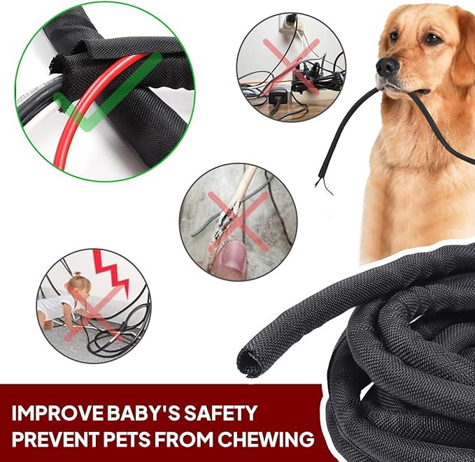 Black Braided Cable Management Sleeves Wire Loom Tubing Cord Protector Self-Wrapping (3/8"-20Feet)