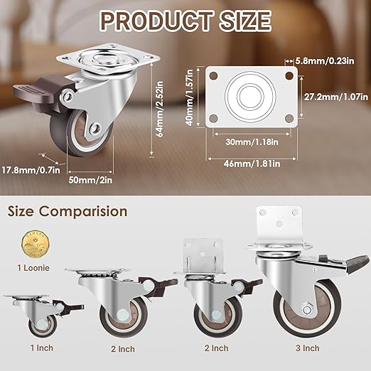 W B D WEIBIDA 2 Inch Casters Wheels Set of 4, Heavy Duty Plate Swivel Rubber Casters with Brakes, No-Noise TPR Rubber Wheels for Furniture, Tables, Boxes, Safe for Hardwood Floors & Carpets