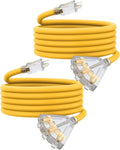 15Ft 12 Gauge Outdoor Extension Cord with 3-Outlets, 2 Pack, Heavy Duty 3 Prong Extension Cord Waterproof with Lighted end, 15A SJTW, ETL Listed, Yellow