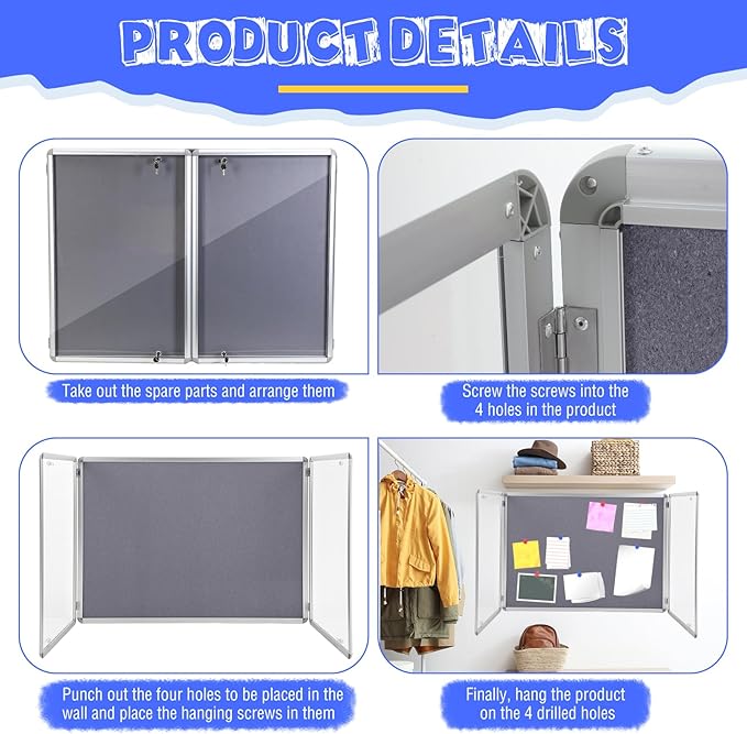 2 Pack Enclosed Bulletin Board 48"x36" Weather Resistant Lockable Enclosed Notice Cork Case Display Board Wall Mounted 2 Locking Door Aluminum Frame for Office School Commercial, 12xA4(Gray)